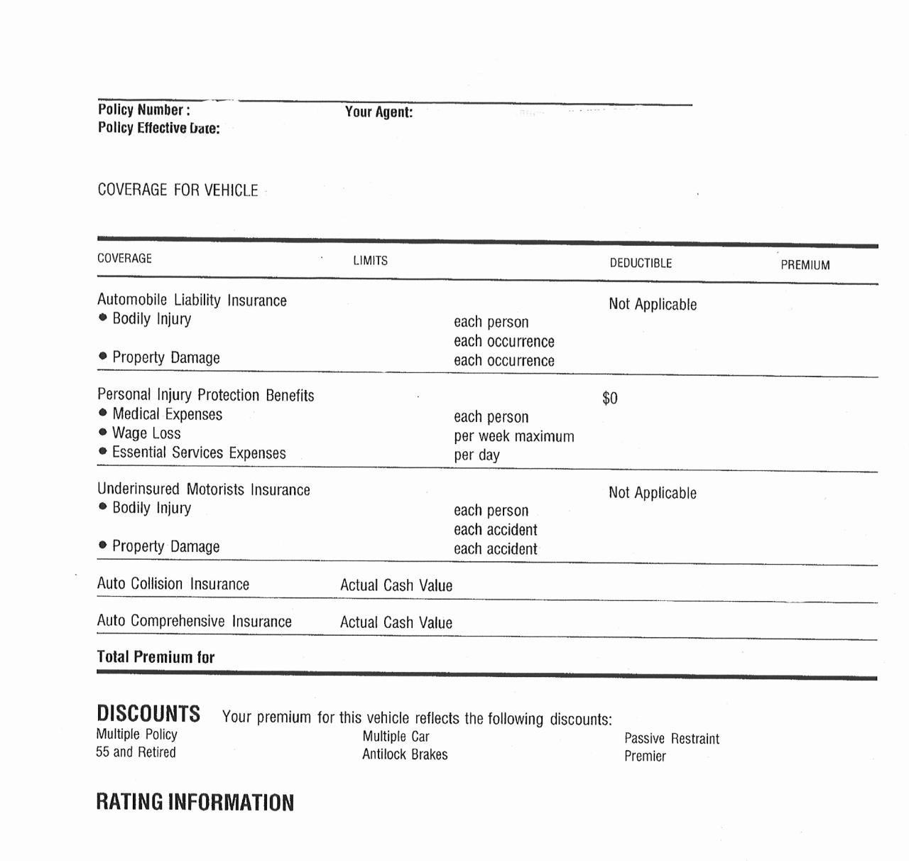 Declaration page of insurance